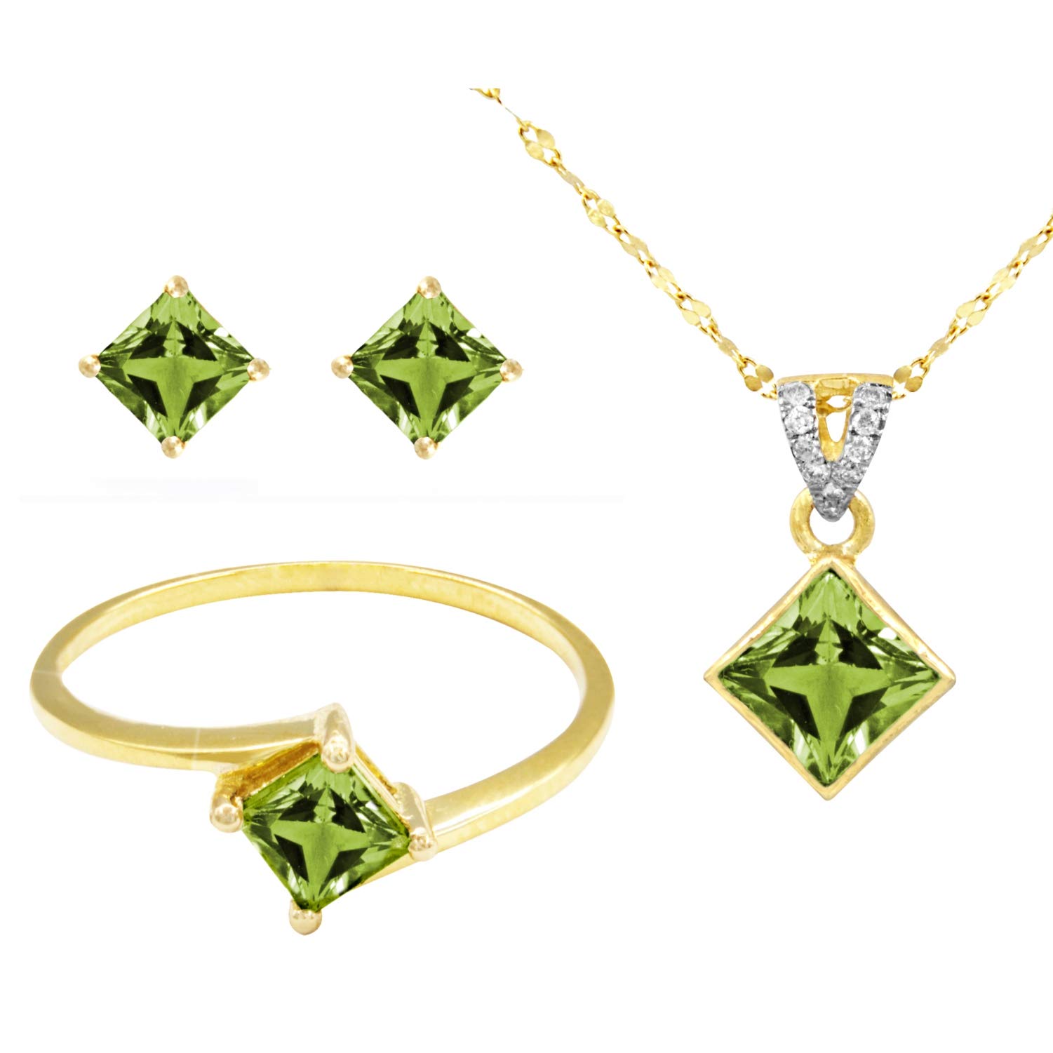 Teleios Luxe 18k Gold 2.2ct Princess Cut Peridot, 0.05ct Diamonds Jewelry Set