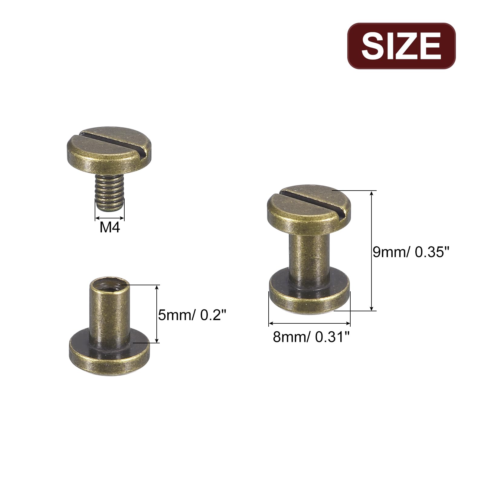 uxcell 30Pack Brass Chicago Screws, 5x8mm Flat Head Screw Back Binding Post Nail Stud Rivets for DIY Leather Craft Belt Strap Bronze