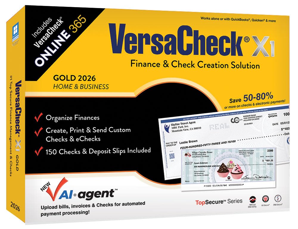 Screenshot of VersaCheck ONLINE interface on desktop and mobile, showing check creation and account overview