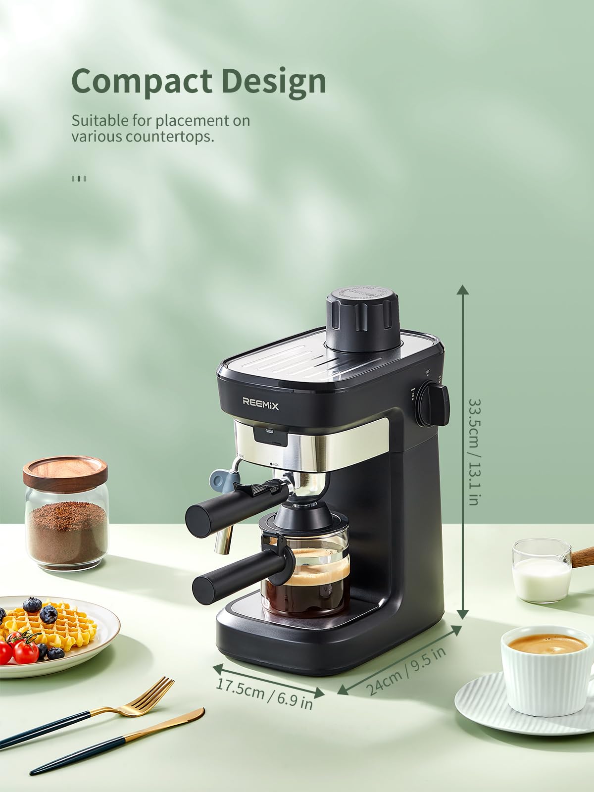 Reemix Espressomaschine mit Siebträger 6-Bar Edelstahl Milchaufschaumdüse Schwarz