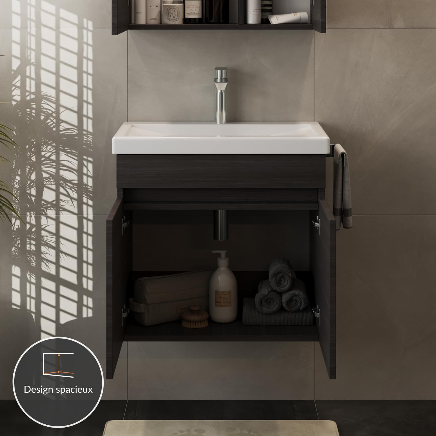 Planetmöbel Meuble sous Vasque avec lavabo en céramique 63x60x36,5 cm, Ensemble de Meubles de Salle de Bain Moderne, Anthracite
