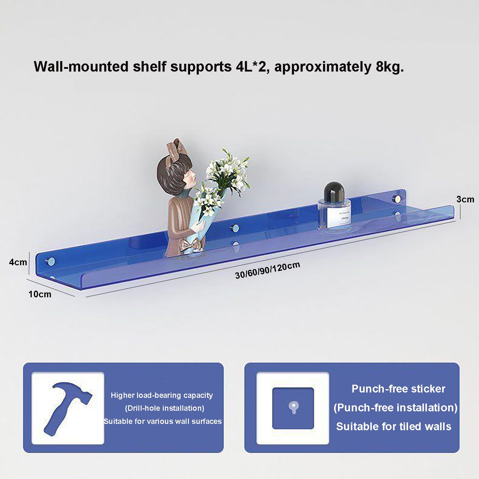 Paquete de 4 estantes flotantes de acrílico transparente para juegos y discos de vinilo, estante de exhibición montado en la pared para baño y cocina (azul 30 cm/120 cm ge 90 cm verde 60 cm)