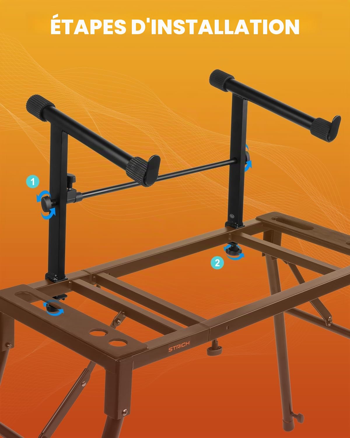 STRICH Support de clavier de piano double avec 2ème niveau – Réglable et pliable à 2 niveaux – Support de musique robuste pour synthétiseurs et claviers numériques électriques – Convient aux pianos de