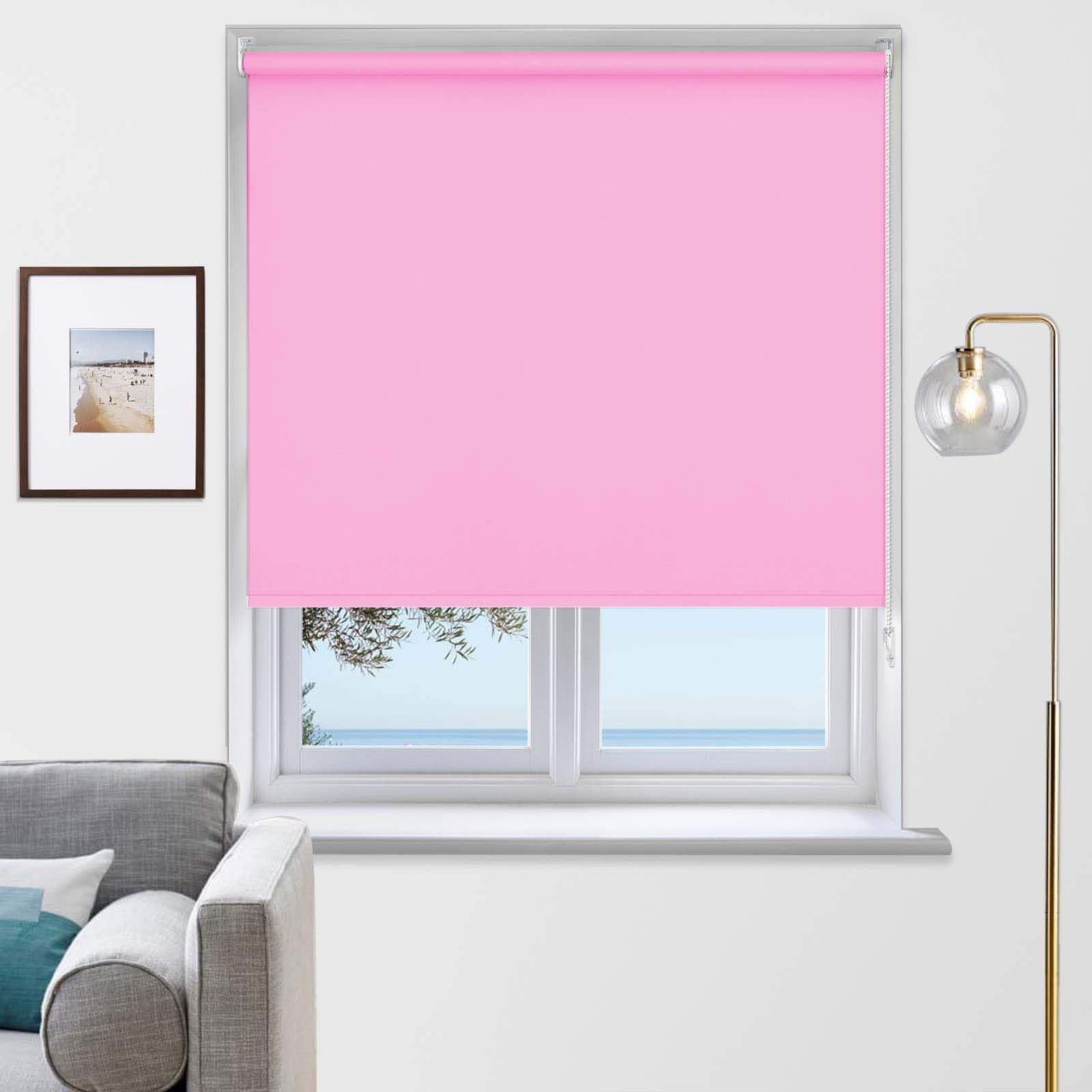 Rehan & Co Thermal Insulated Blackout Fabric Roller Blinds, Easy Fit Child Safe Trimmable UV Protection Home Office Window Blinds, Pink Blind (90cm Width X 165cm drop)
