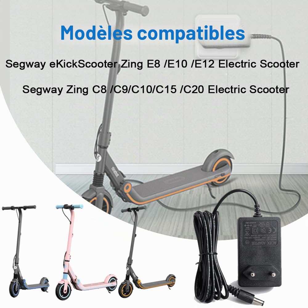 Adaptateur secteur 25,2 V 0,8 A pour Segway Ninebot eKickScooter Zing E8 E10 E12 C8 C10 C15 C20 C2 C2 Pro Trottinette électrique pour enfant Modèle NB-25D2-00D8-US Segway Chargeur de trottinette