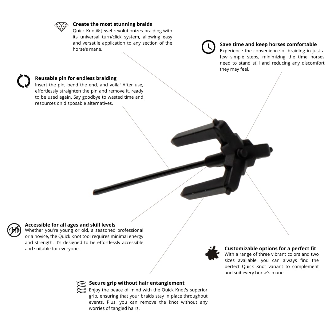 Quick Knot® Deluxe | Mane Clip for Braiding | Designed for Horses and Ponies | Reusable | 3 Colors, 2 Sizes (Black, Standard)