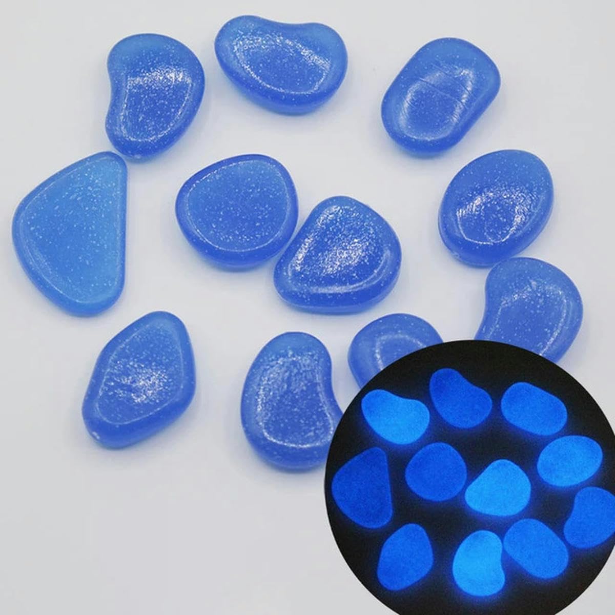 Piedras luminosas para jardín que brillan en la oscuridad, guijarros para peces al aire libre, rocas de guijarros para acuario, mezcla de colores, 300 piezas, azul oscuro