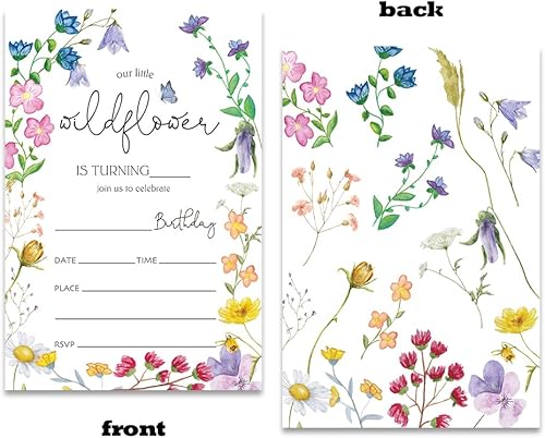 Miniatura 2 de Tarjetas de invitación de cumpleaños de flores silvestres con sobres, paquete de 20 (4 x 6 pulgadas), invitaciones de fiesta para niños, niñas,