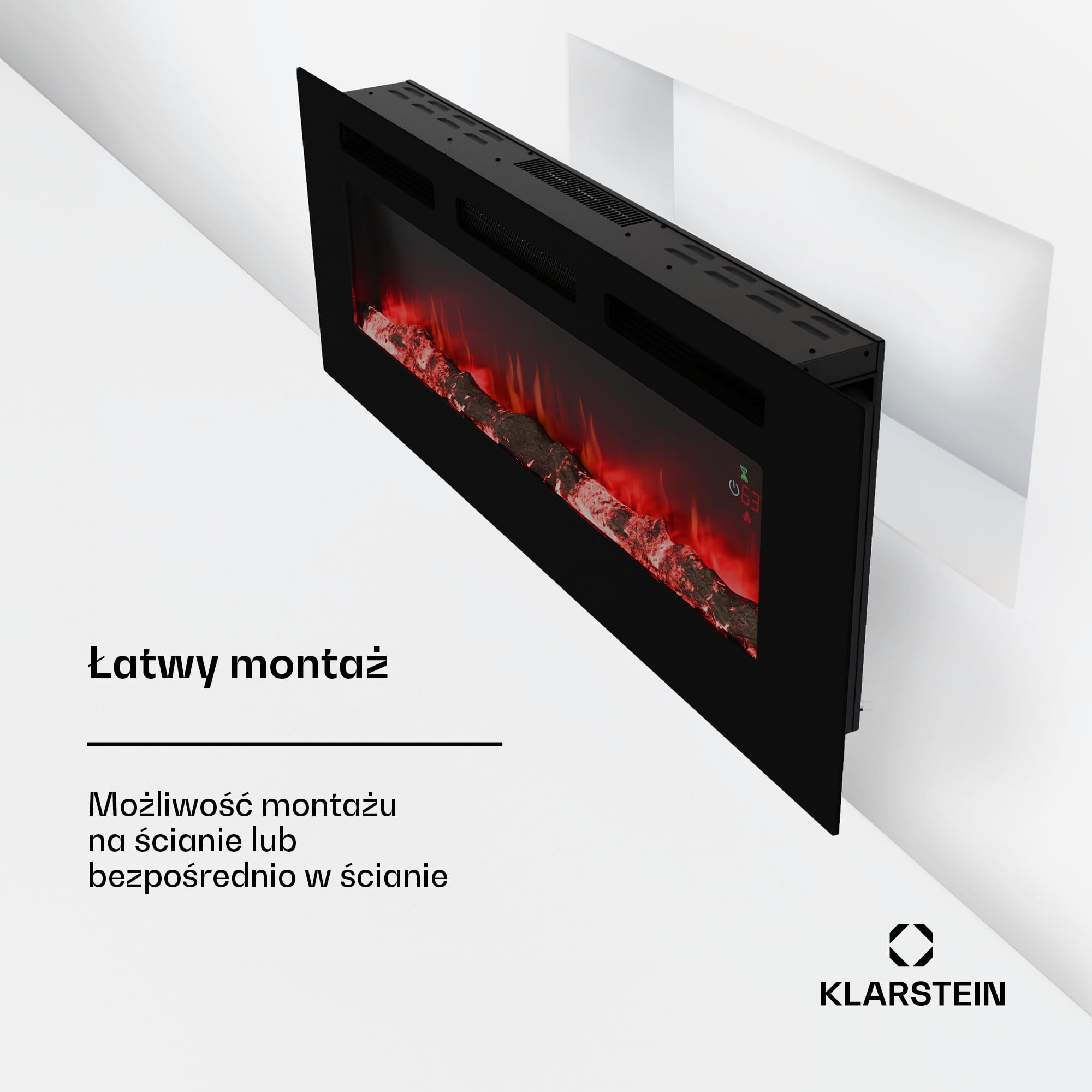 Klarstein Galeras Smart Kominek elektryczny - Moc grzewcza 1800 W, Realistyczne płomienie LED, Aplikacja i pilot, Regulowane kolory i jasność, Kominek ścienny elektryczny