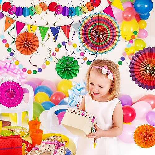 Image of Fiesta Party Decorations Set 33Pcs, Multi-Color Cinco De Mayo Hanging Paper Fans, Paper Pom Poms, Pennant, Garland String and Banner for Fiesta, Cinco de Mayo, Birthday, Wedding or Mexican Party