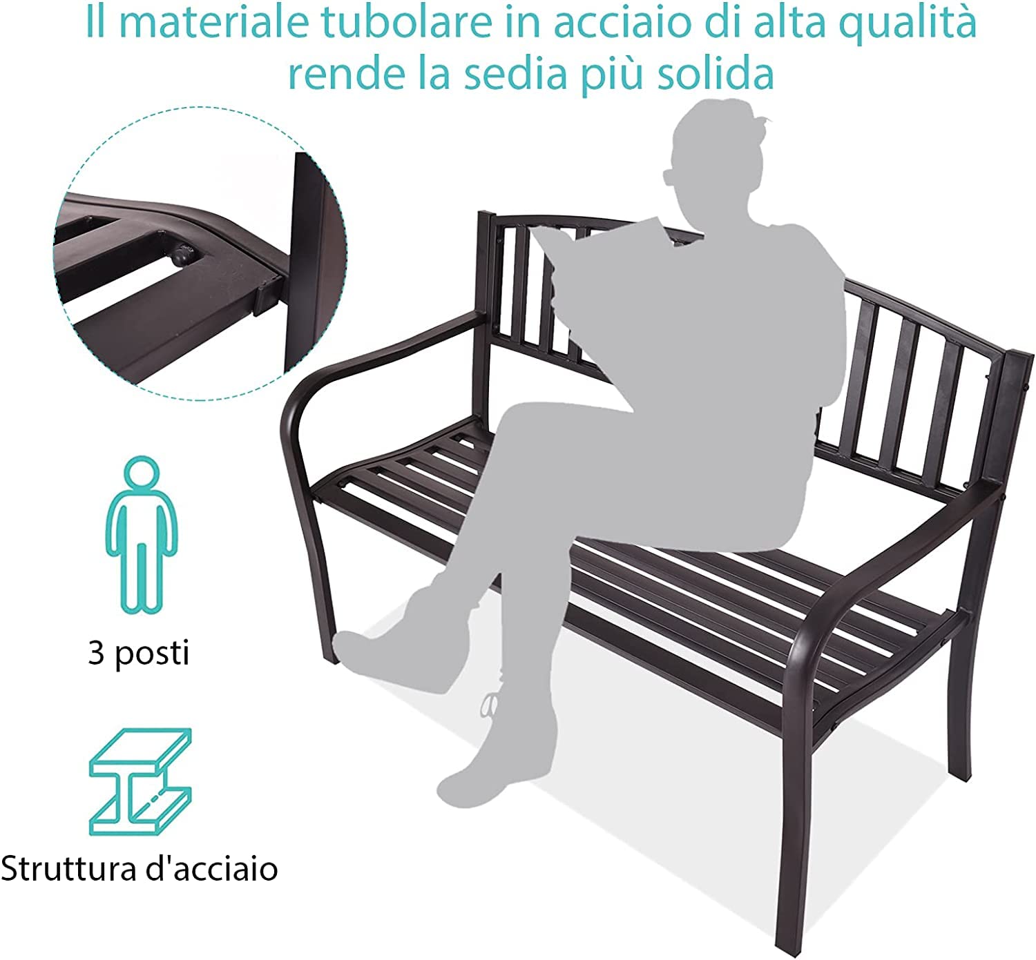 GYMAX Panchina Metallica da Giardino a 3 Posti, Portata di 300 kg, Tubi in Acciaio, Sedia Panca da Interno ed Esterno, con Schienale Alto e Braccioli, 127x60x87 cm