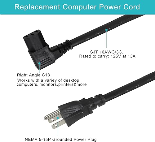 Miniatura 4 de Cable de alimentación para monitor de computadora de 90 grados NEMA 5-15P a ángulo recto C13, 13A 125V, 16AWG, cable de alimentación de CA de 3
