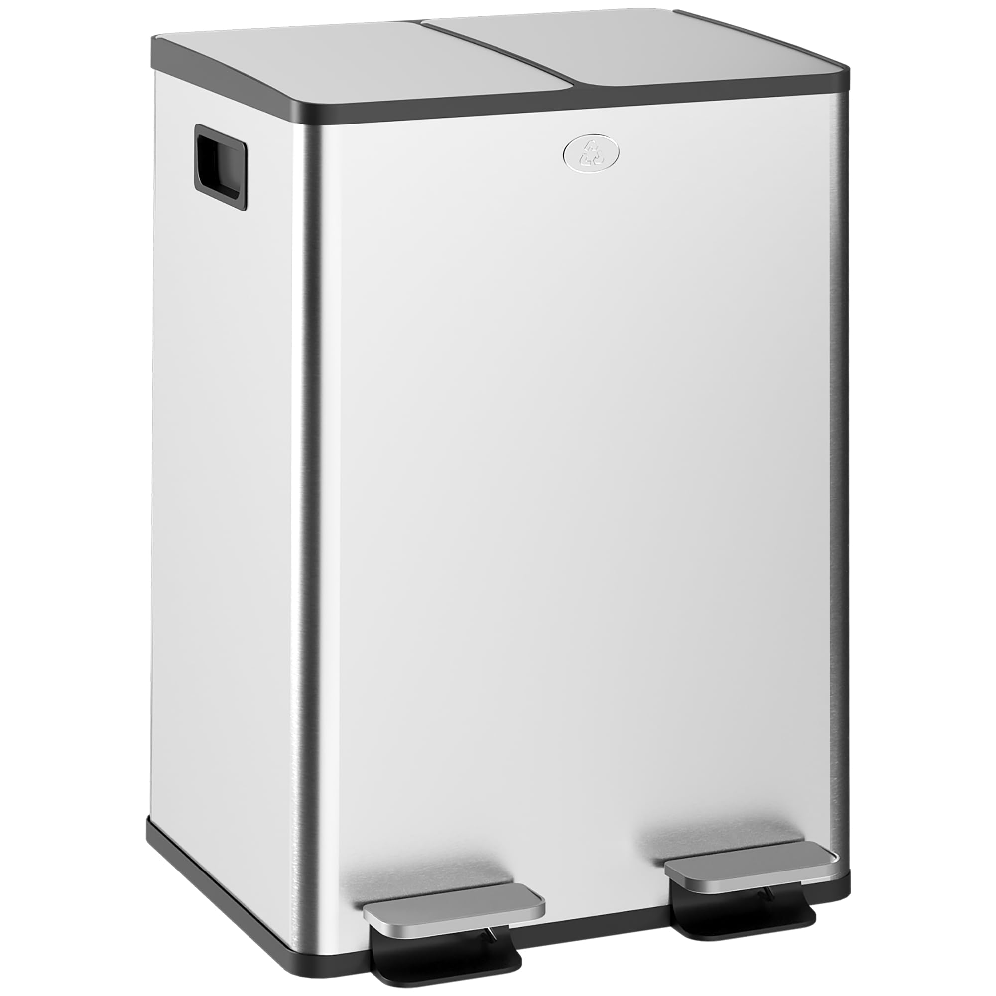 HOMCOM Pattumiera Differenziata 2 Scomparti 28L da Cucina a Pedale, Cestino Spazzatura con 2 Coperchi a Chiusura Silenziosa in Acciaio Inox e PP, 45.8x36x67.6 cm, Argento