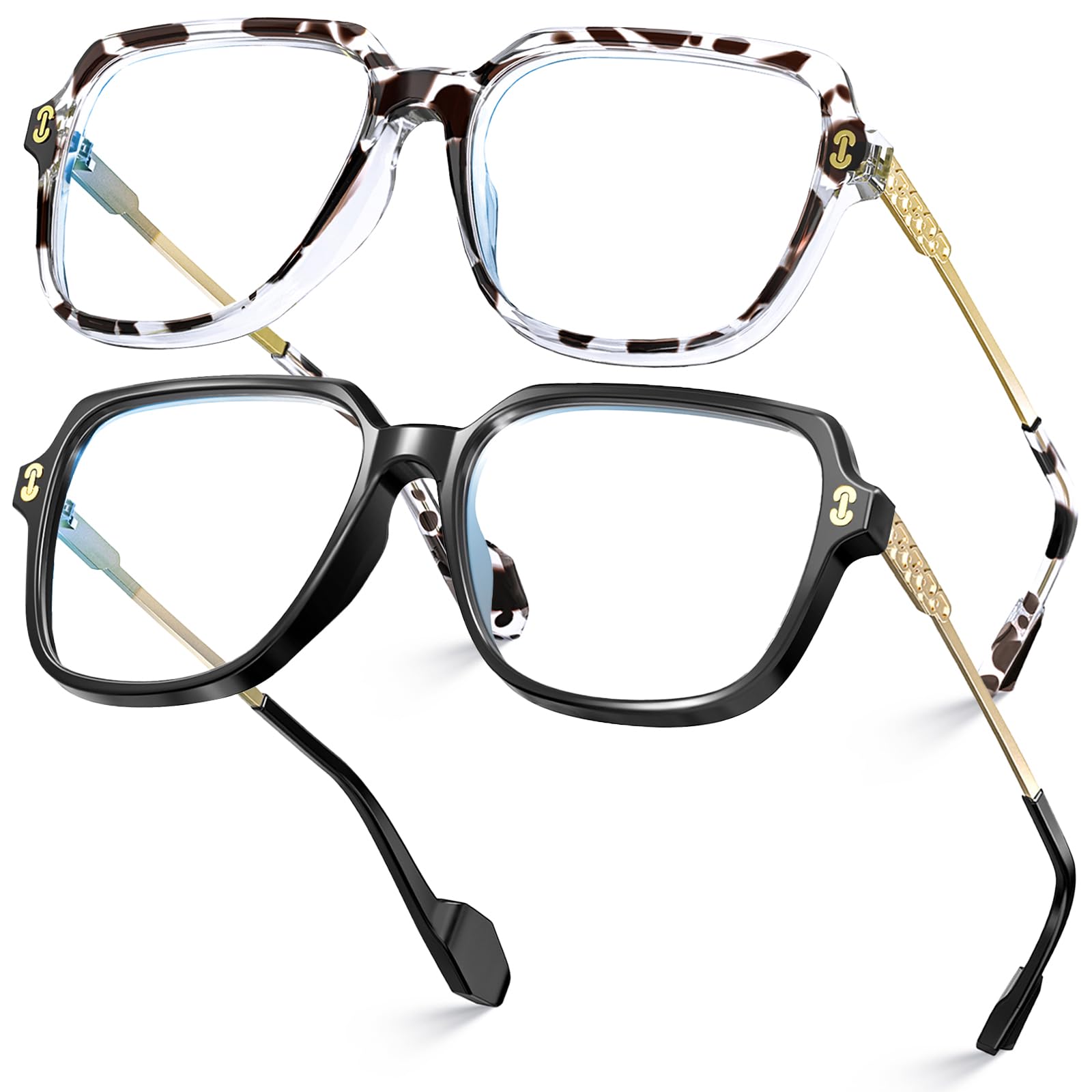 VISOONE 2 Pack Oversized Blue Light Blocking Glasses with Chic Square TR90 Frame and Metal Temple for Women Men REMY