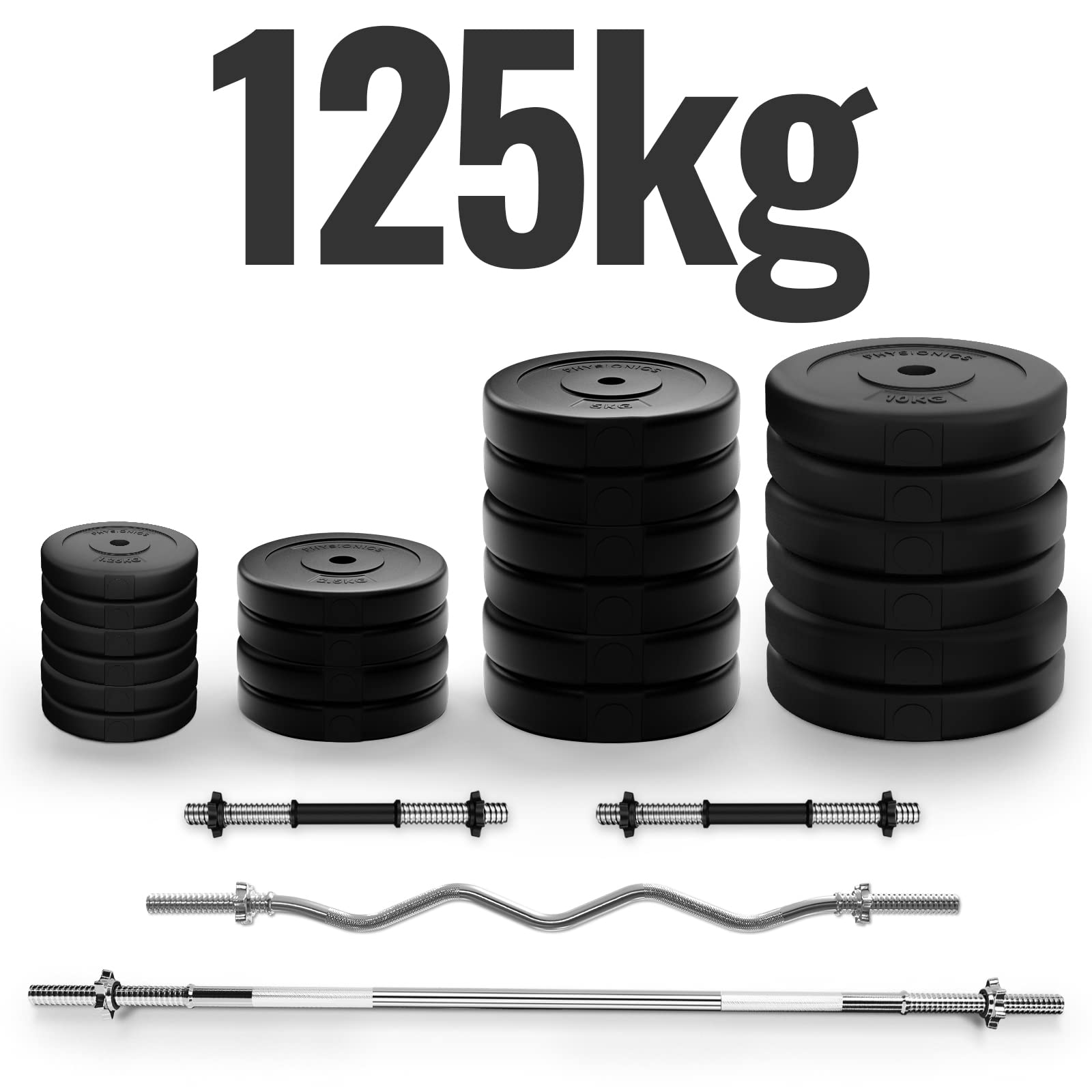 Physionics® Zestaw hantli – 45/75/105/125 kg, sztanga długa 165 cm, Ø 30 mm, 2 hantle krótkie, sztangi SZ, ciężarki – krótka sztanga do sztangi (długa + 2 hantle 125 kg)