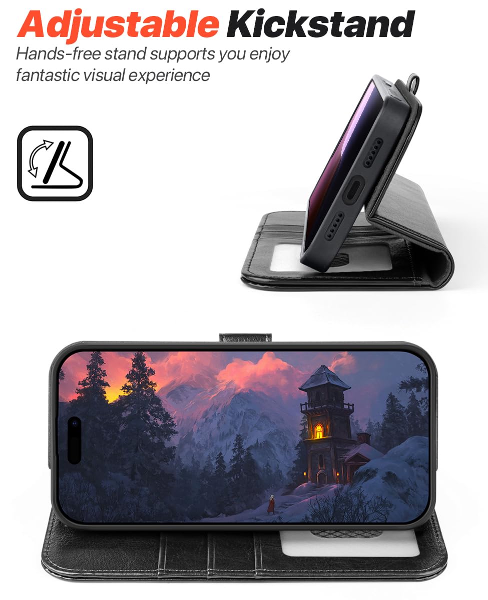 OCASE Handyhülle Kompatibel für iPhone 17 Pro Hülle Abnehmbar 2-in-1 Magnetische Premium PU Leder Klapphülle Kabelloses Laden Kartenfach RFID Standfunktion Schutzhülle für iPhone 17 Pro – Schwarz