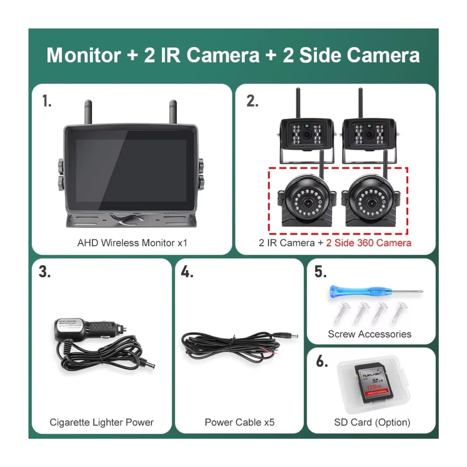 Cámara Visión Nocturna Infrarroja DVR Pantalla Táctil Inalámbrica Digital AHD 7'' 4 Canales Monitor WiFi para Camión Remolque Autobús Cámara de Respaldo(Side and Rear Camera,128G)