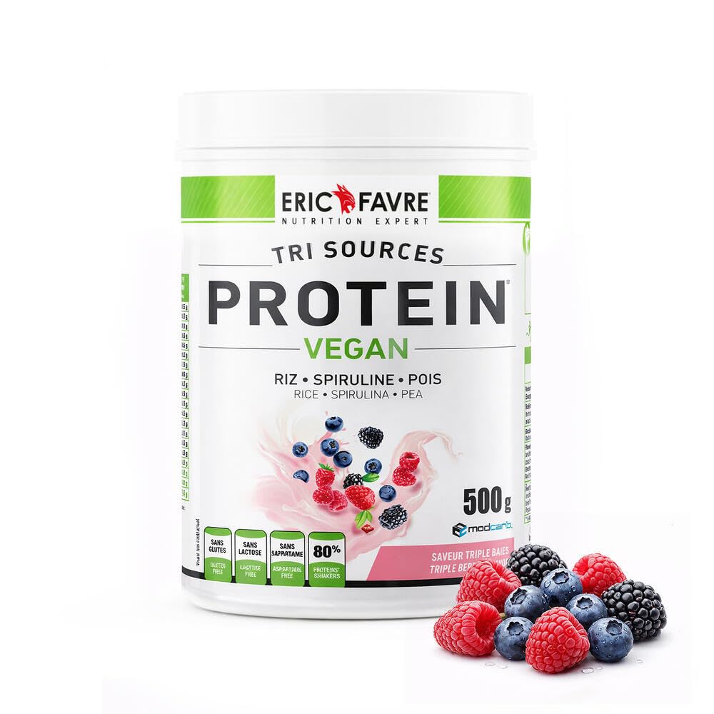 PROTEINE VEGANE TRI-SOURCE - Proteine Vegetali Vegane Gustose, Sviluppo Muscolare - Riso Spirulina Piselli - Rapidamente assimilabile - 500g - Laboratorio francese, Eric Favre (Triple Berry)