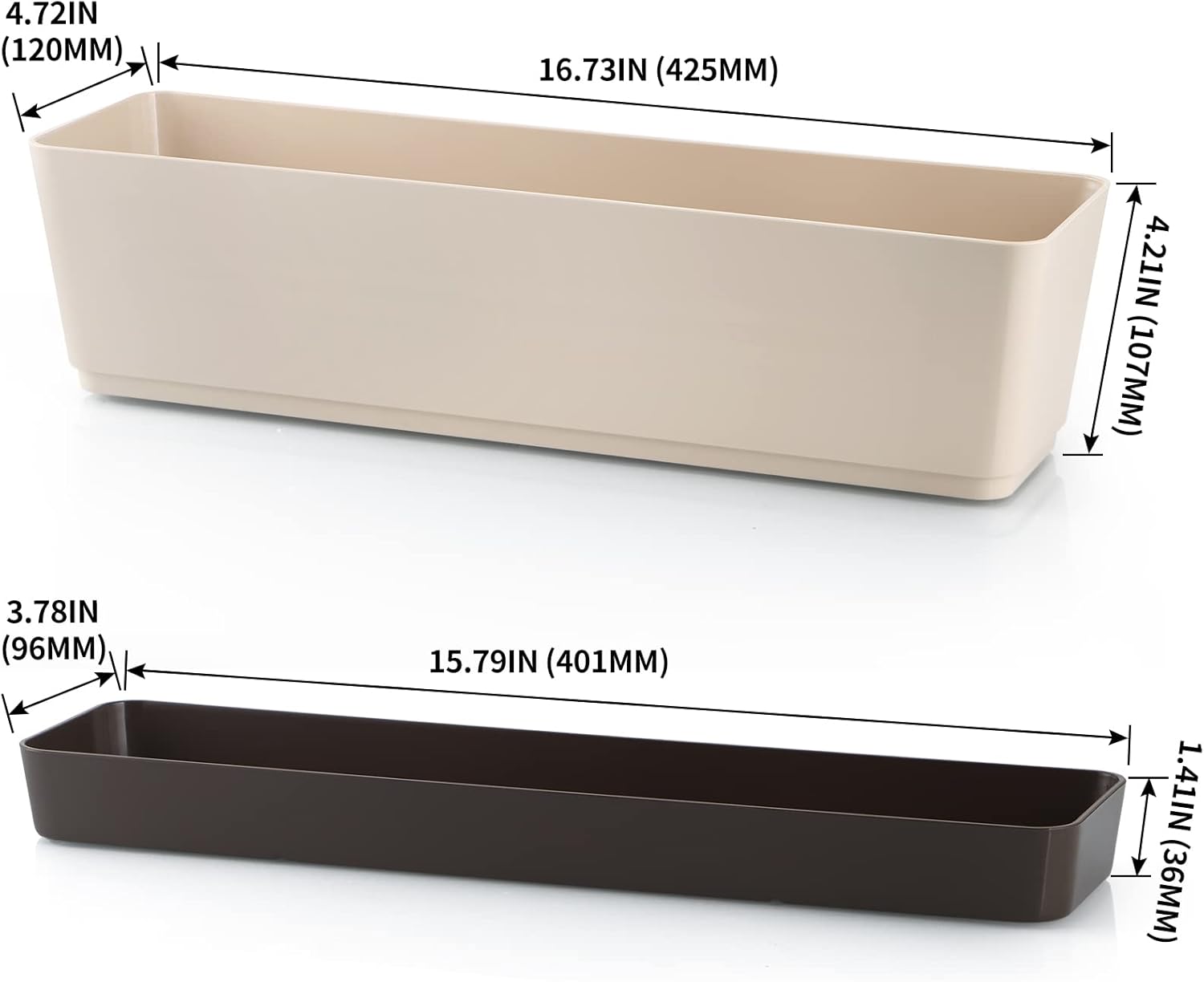 Skelang 3 Pcs Rectangular Plant Pot, 16.7" Flower Planter Box, Windowsill Container for Succulent, Herbs, Vegetable