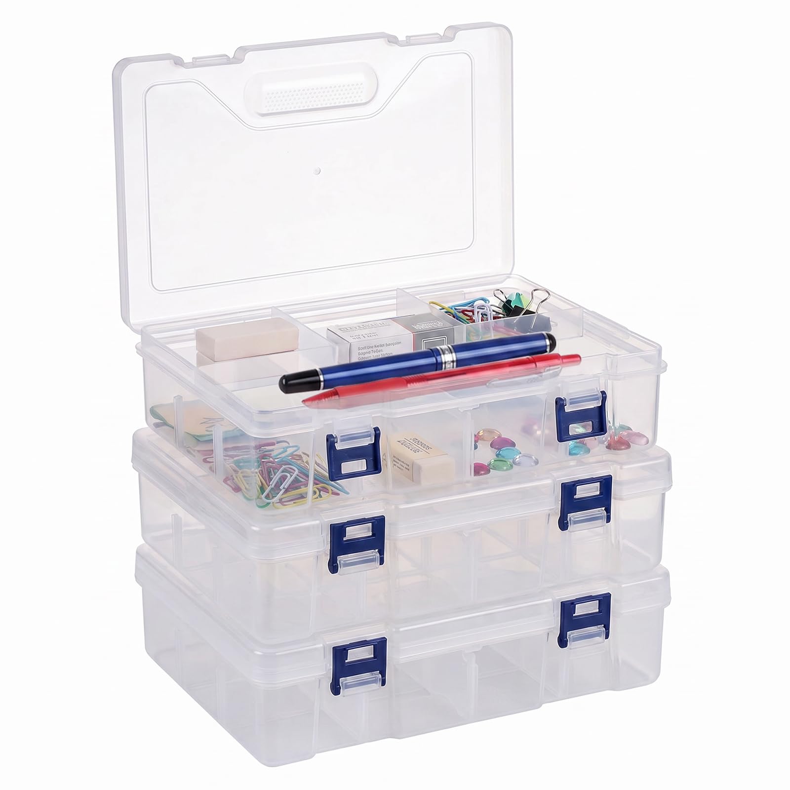 3 Pack Clear Plastic Storage Boxes with Lid, Double Layer 8 Large Grids Adjustable Compartment Organiser Heavy Duty Tiered Craft Storage Box for Washi Tapes, Ribbons, Cosmetics, Hardware-22.7x15.8x6cm