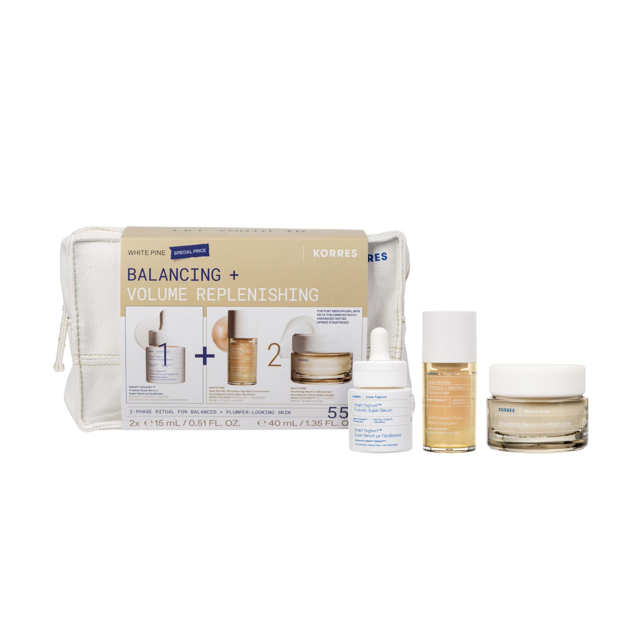 KORRES WHITE PINE Anti-Aging Pflege Wechseljahre – Expert Trio, ab 55, Vorteilsset mit Creme 40ml, Serum 15ml & SMART YOGHURT™ Serum 15ml für Festigkeit, Pflege und ein glatteres Hautbild