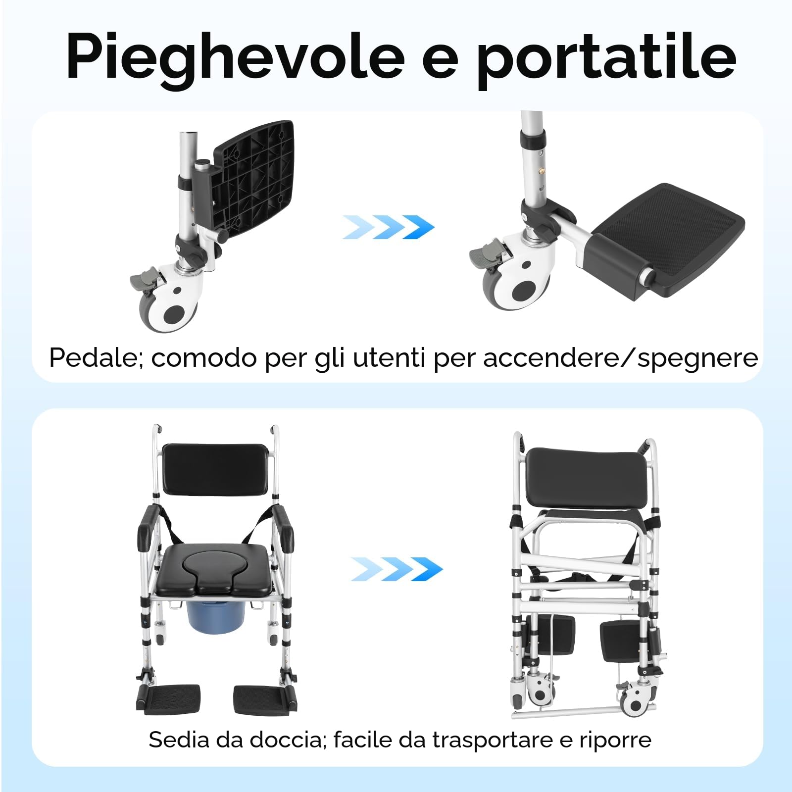 Regolabile Sedia per Doccia Anziani con Ruote e freni Larghezza 45cm, altezza 46-54cm, 160 kg, Multifunzione Doccia Pieghevole con Cinture di sicurezza, Freni, Comoda WC per Anziani