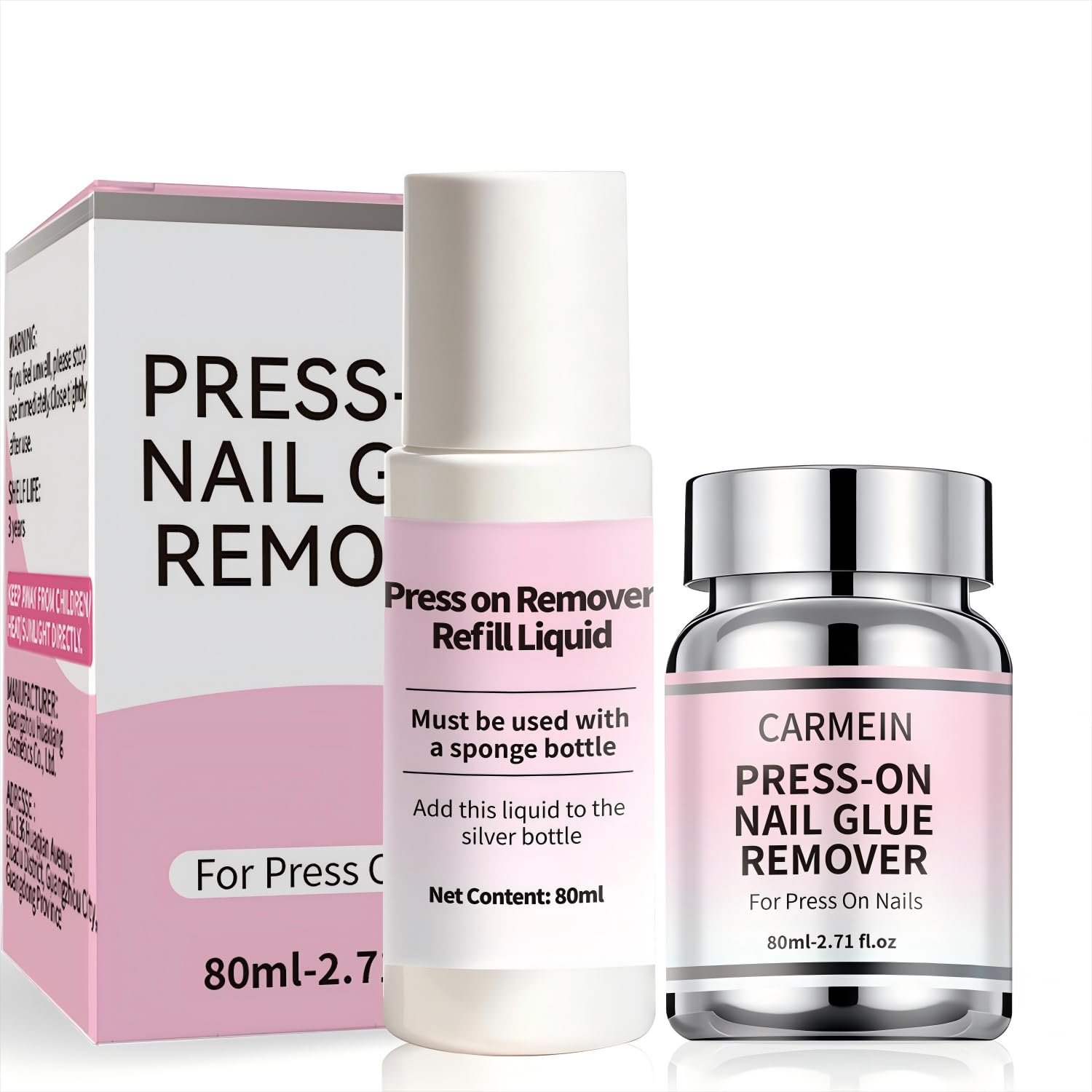 Press-On Nail Glue Remover, 80ml/2.71 fl.oz, Separate Bottles Design (Leak-Proof), 5-Second Quick Debond, Paraben-Free, No Spray Formula- Limited Effect on Gel Nails