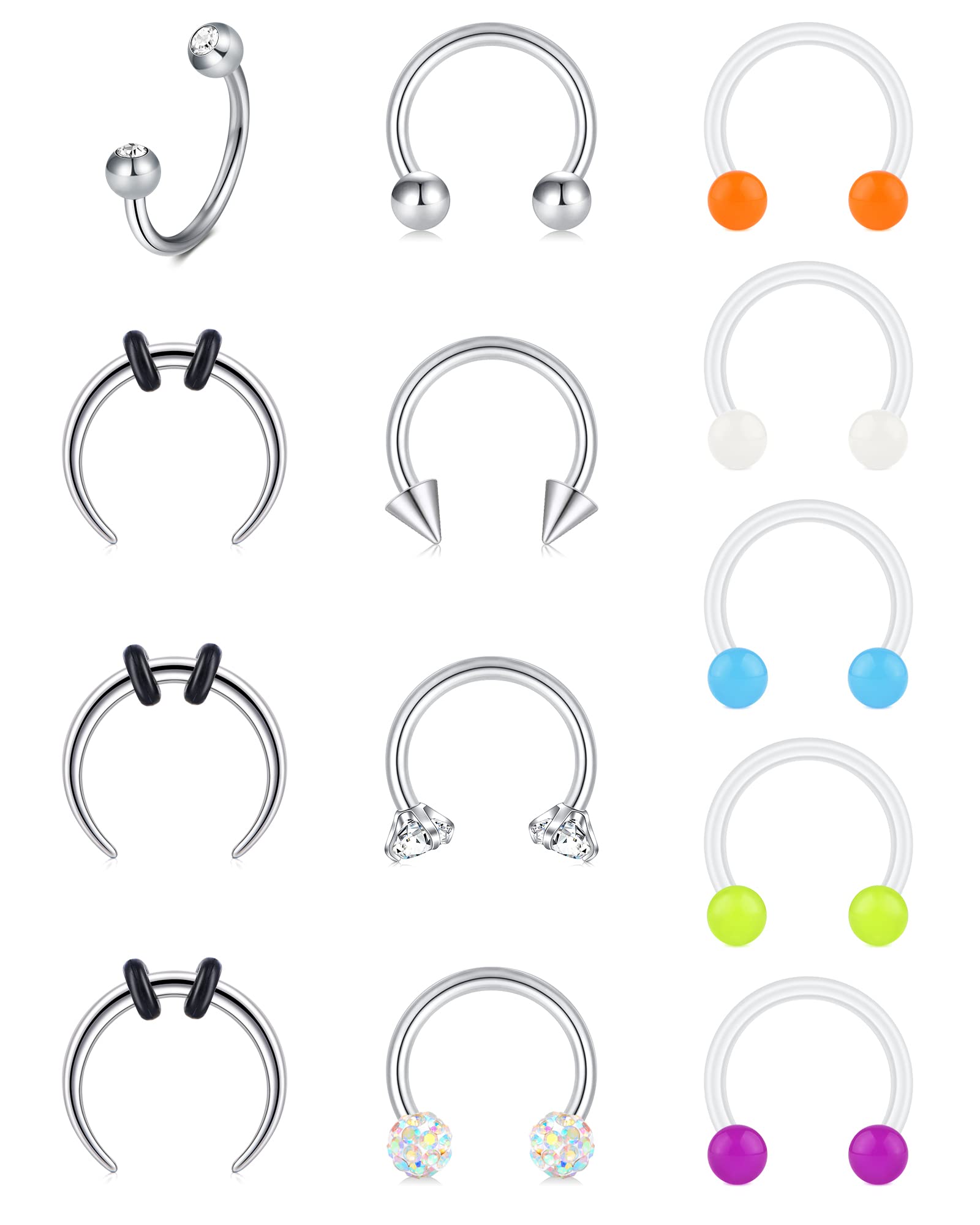 Rajnard Septum Piercing Septum Nariz Anillos 16G 8 mm /10 mm Acero quirúrgico y plástico Piercing Helix Tragus Cartílago Labio Labio Anillo de Herradura Perla Bola fluoroescente