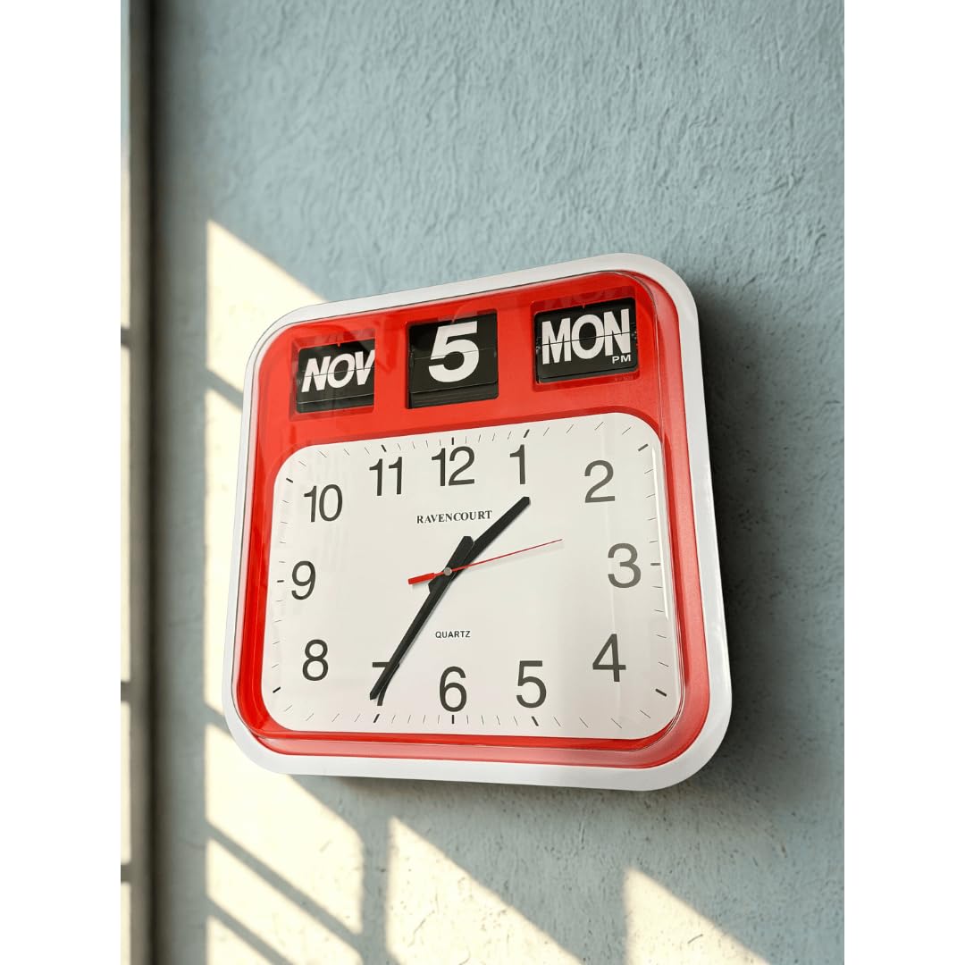 Ravencourt - Reloj de pared grande con calendario abatible, reloj de oficina, estilo del sector público, fácil de leer, cara de reloj de alto contraste, cuidado de la demencia, tamaño 42 cm x 44 cm c