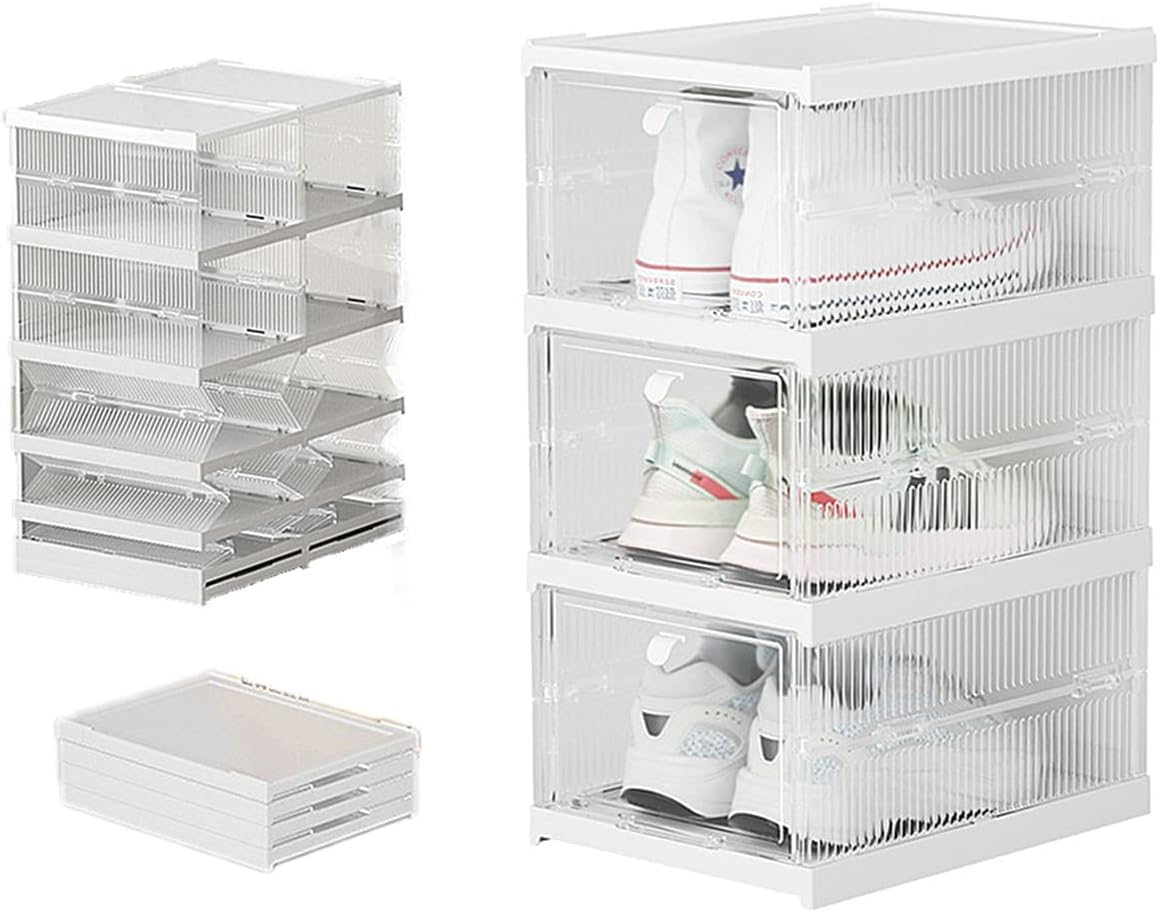Jukkre Installation-Free Shoe Box Foldable, Stackable Clear Shoe Storage Box - Storage Bins Shoe Container Organizer, 3-Layer Shoe Box - White