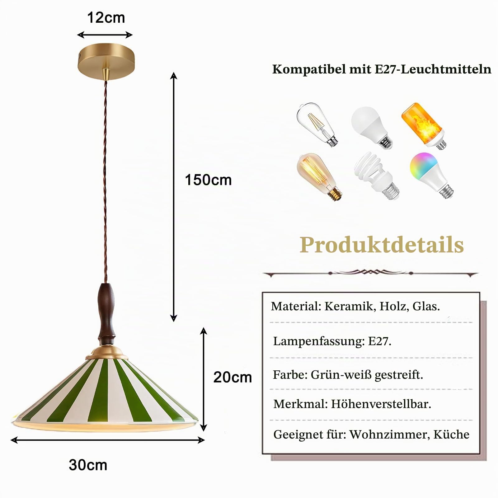 30cm Vintage Keramik Pendelleuchte mit Streifen E27 Fassung Holzbase Höhenverstellbar Moderne Hängelampe für Wohnzimmer Schlafzimmer Küche Esszimmer Café (Grün)