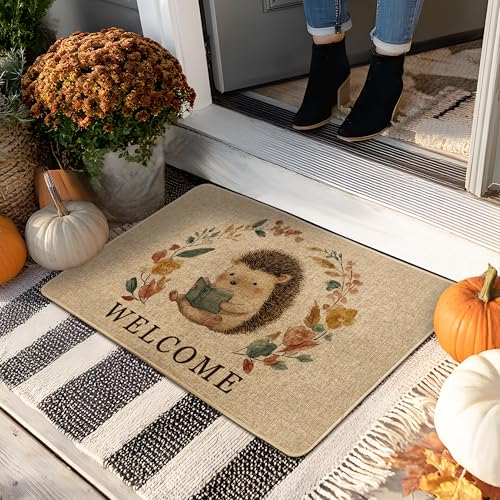 Zerbino con riccio con benvenuto, beige floreale, per decorazione autunnale, per interni ed esterni, in gomma antiscivolo, assorbe la polvere, facile da pulire, 73 x 43 cm