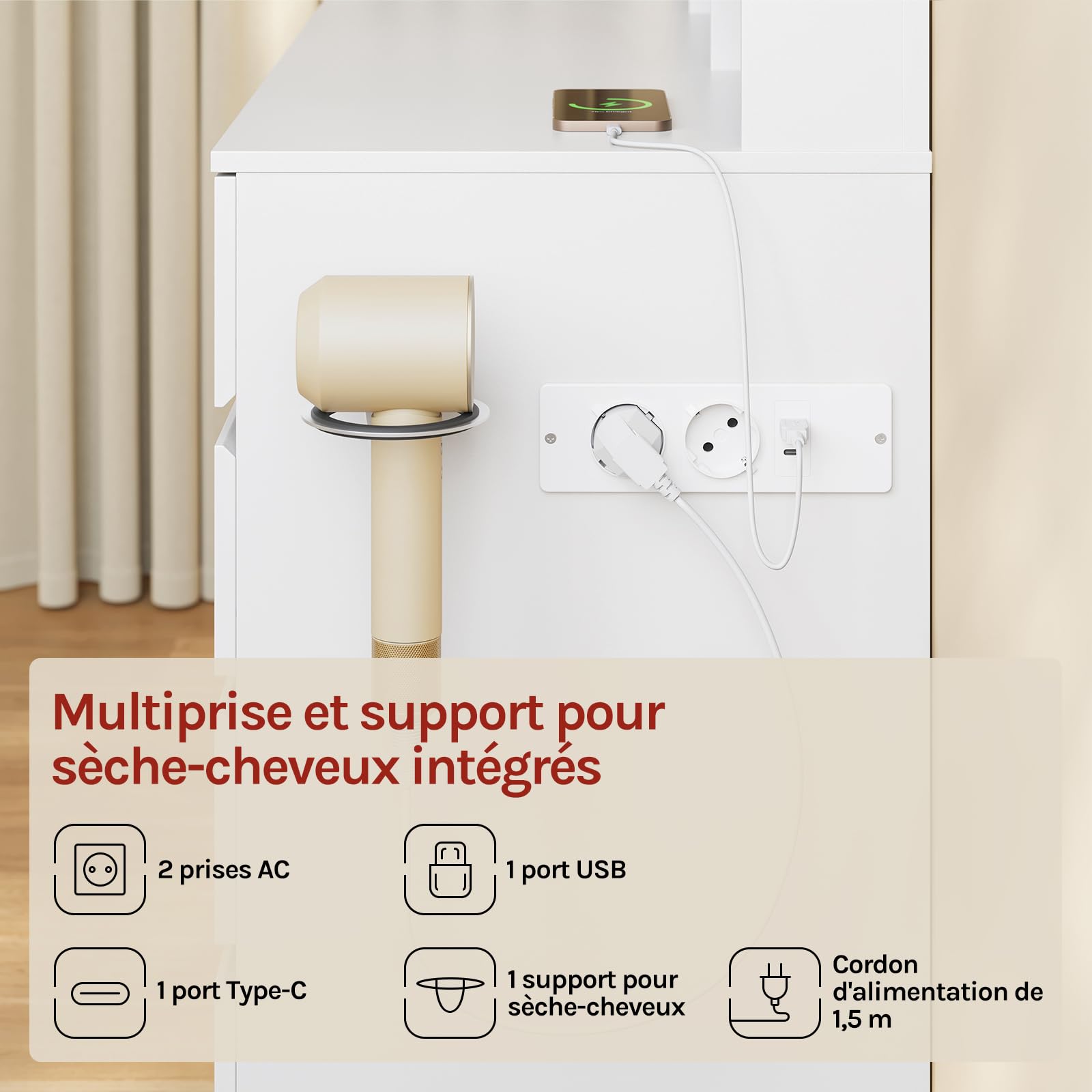 WOLTU Coiffeuse avec Grand Miroir LED et Miroir Grossissant, Table de Maquillage avec Station de Charge, 9 Tiroirs, 3 Étagères & Support Sèche-Cheveux, Meuble Moderne en Bois pour Chambre, Blanche