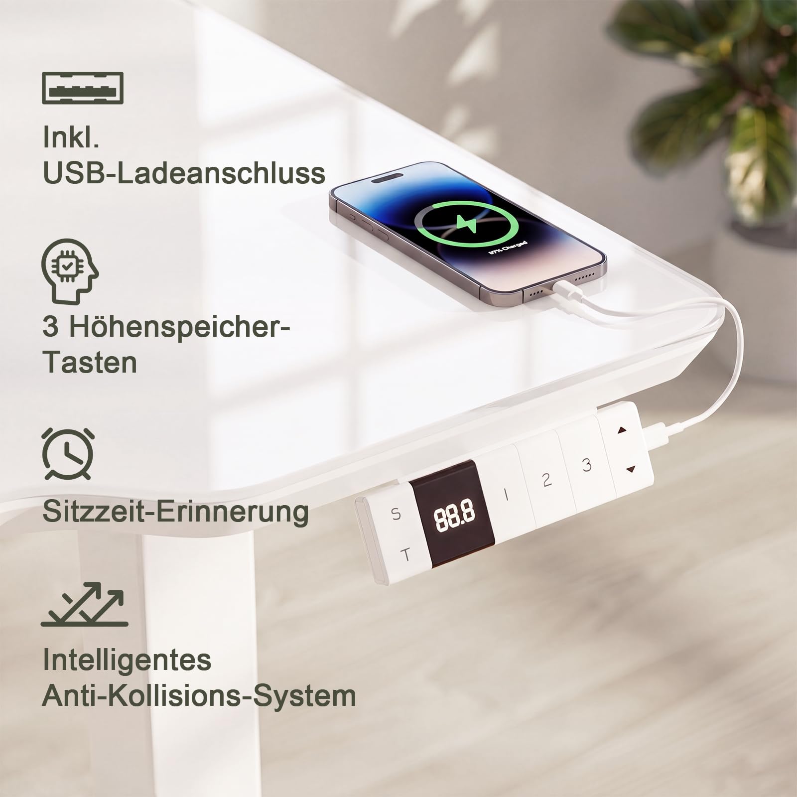 Devoko Höhenverstellbarer Schreibtisch Glas 140x70cm,Elektrischer Schreibtisch mit beschreibbarer Glasoberfläche, 72-118 cm Sitz-Steh Tisch mit 3 Höhenspeichern, USB, Kabelmanagement für Homeoffice