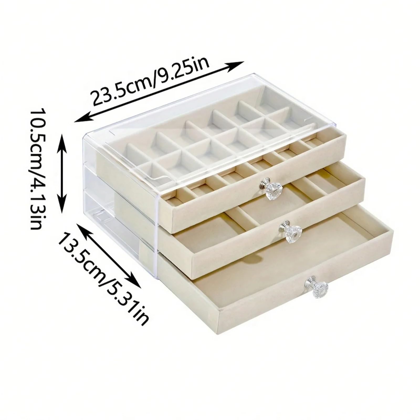 Caja Para Joyas Cajón de plástico transparente y terciopelo 3 capas, caja almacenamiento joyas, mesa exhibición con mango en forma cristal elegante, 1 ud(Beige)