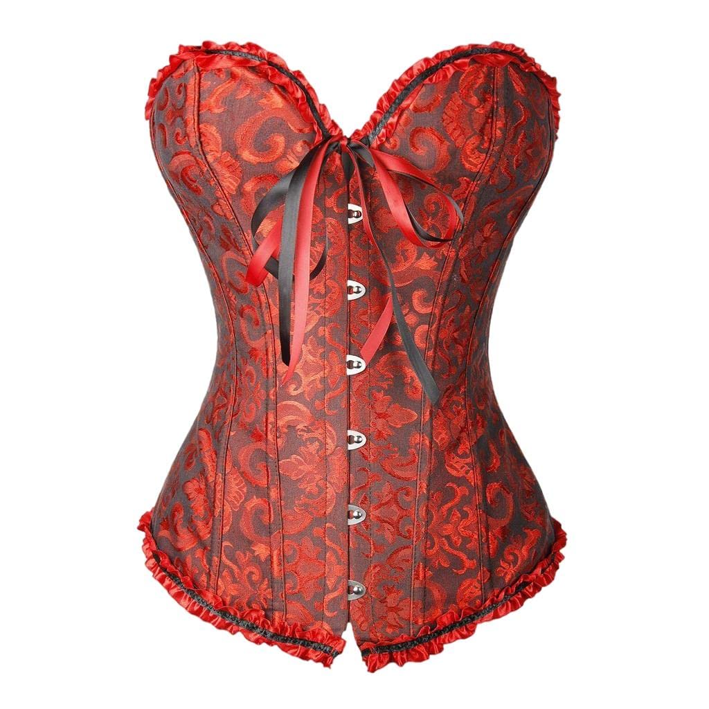 Women's Lace Up Boned Overbust Cincher Corset Bustier Lingerie Body Shaper Black Red L | Corsets & Bustiers|1 Piece Floral Lace Trim Corset-image-4