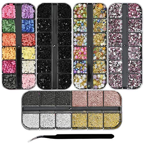 Ranvi 3000 Pieces (5 Boxes,1 tweezers) 1 Set of Nail Art Edging Pearl Rhinestone Gem Soft Clay, Multicolor Nail Nail Rivet Rhinestones,Used for Nail Art Decoration Supplies,Style2
