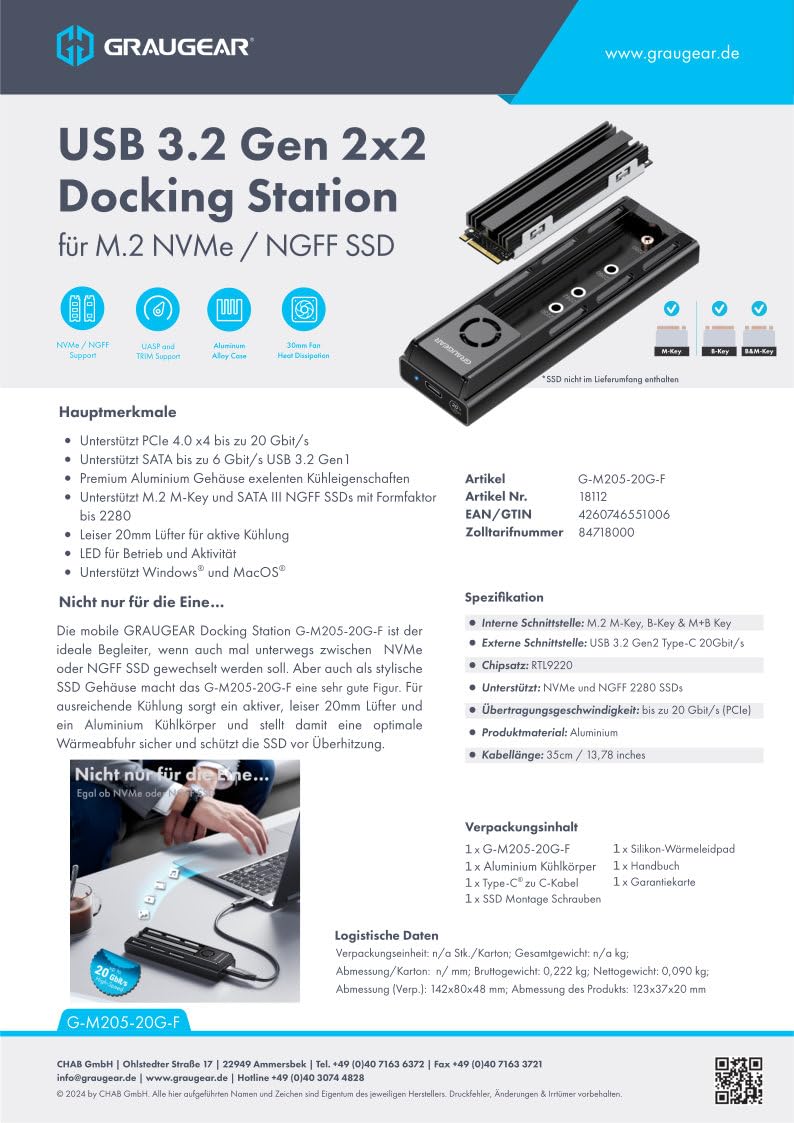 GRAUGEAR M.2 Docking Station 20Gbps for NVMe/NGFF SSD, USB3.2 Gen2x2, Tool-Free