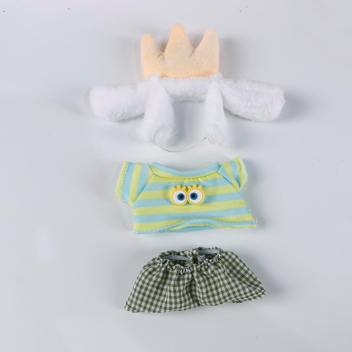 Compatible with Labubu (NO Doll) - Crown Bunny Ear Headband + Yellow-Striped Top + Green Checkered Pants Set for 15cm/17cm Plush Dolls
