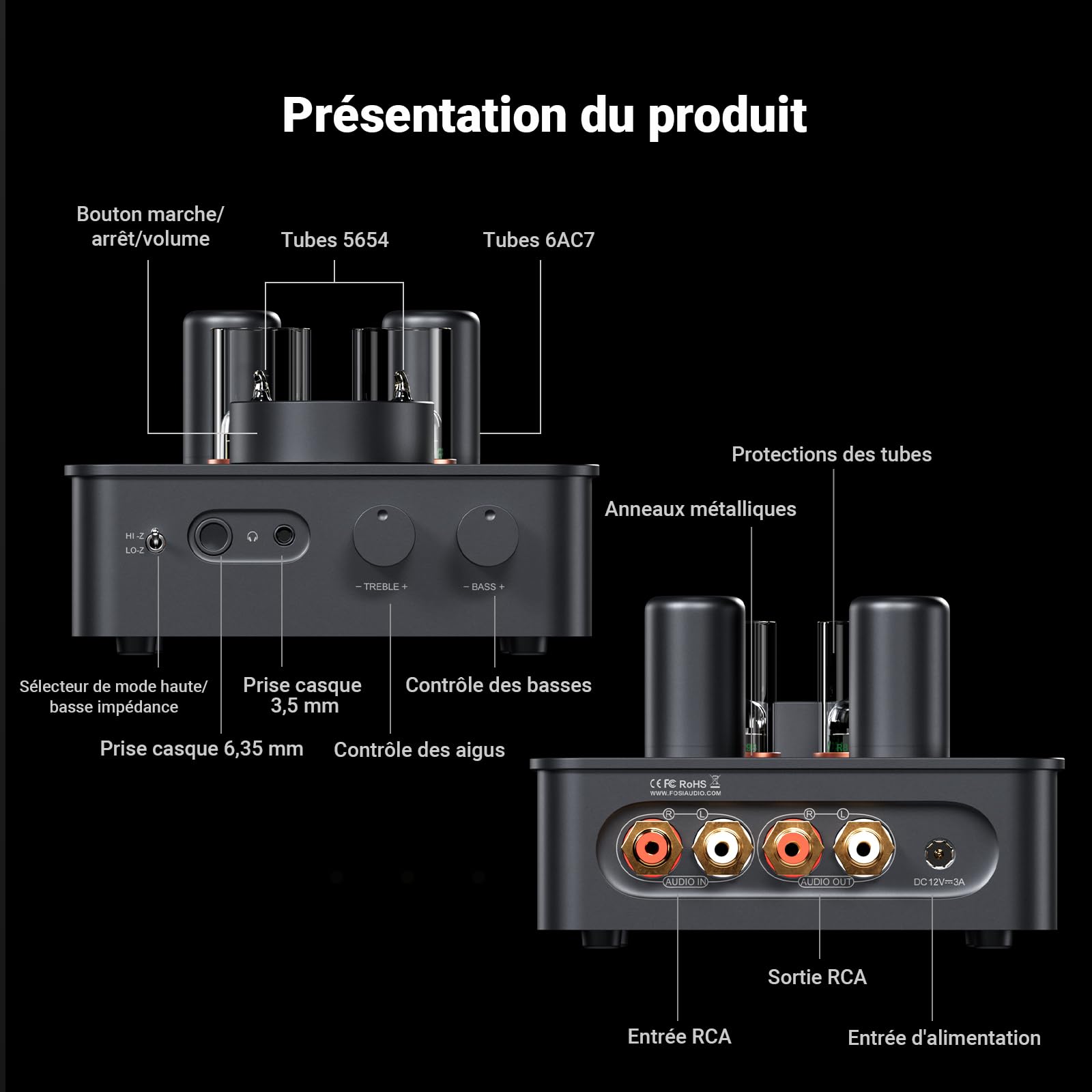 Fosi Audio GR70 Préampli Casque à Lampes, Amplificateur à Lampes Authentique avec Vide 5654W x 2 et 6AC7 x 2, Mini Préamplificateur HiFi pour Audio Domestique, Impédance de 16 à 300 ohms
