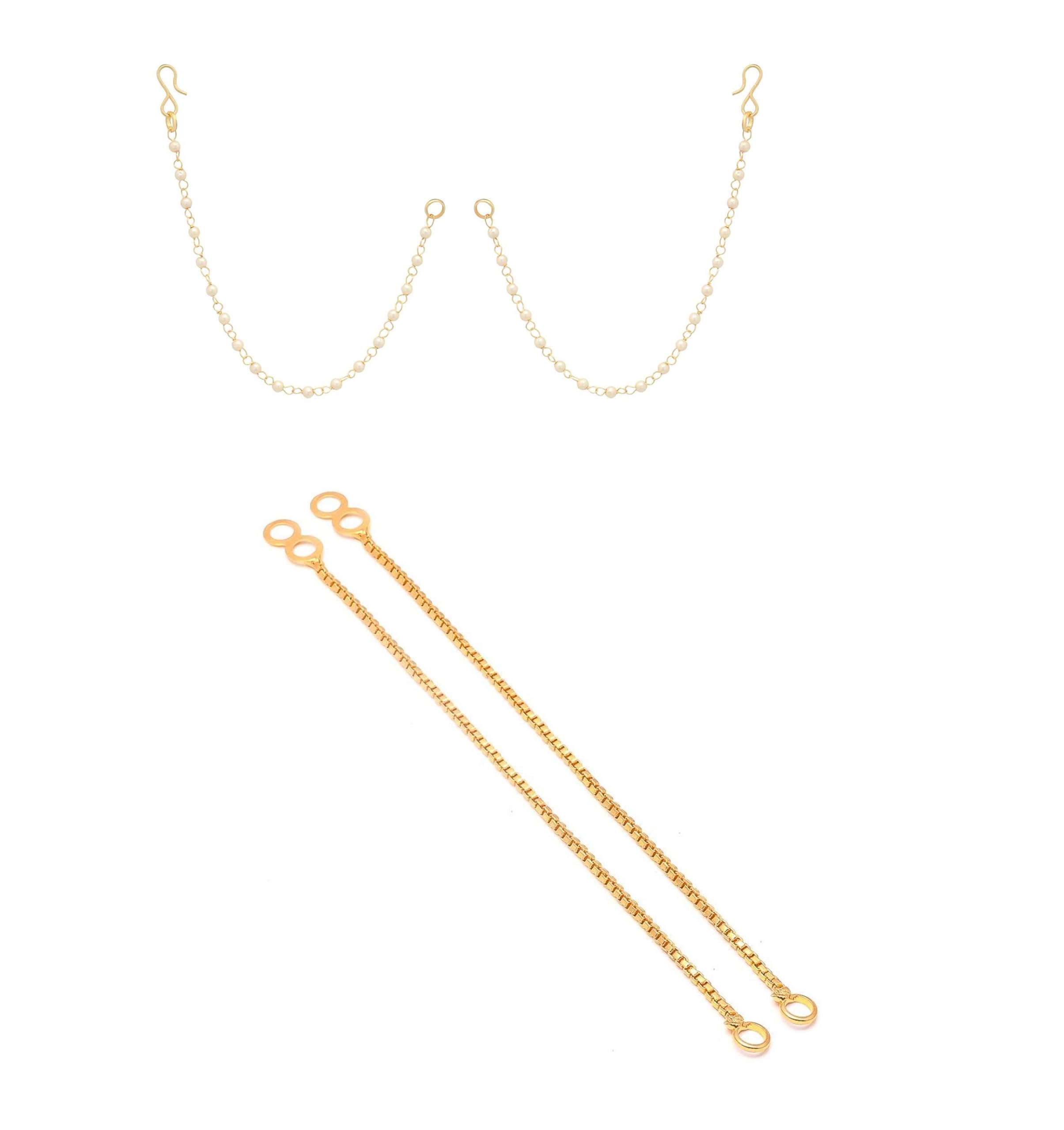 Fashion Accessories Earchain Gold Plated White Pearl Brass Single Layer Traditional Rajwadi Ear to Hair Chain Accessory for Women