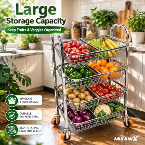 Image of OBEROI'S TRADERS Stainless Steel Vegetable & Fruit Storage Rack with Wheels, Kitchen Storage Basket Organizer, Rust Proof Stand for Onion, Potato, Fruits & Vegetables Trolley (4 RACK WITH 8 PARTITION)