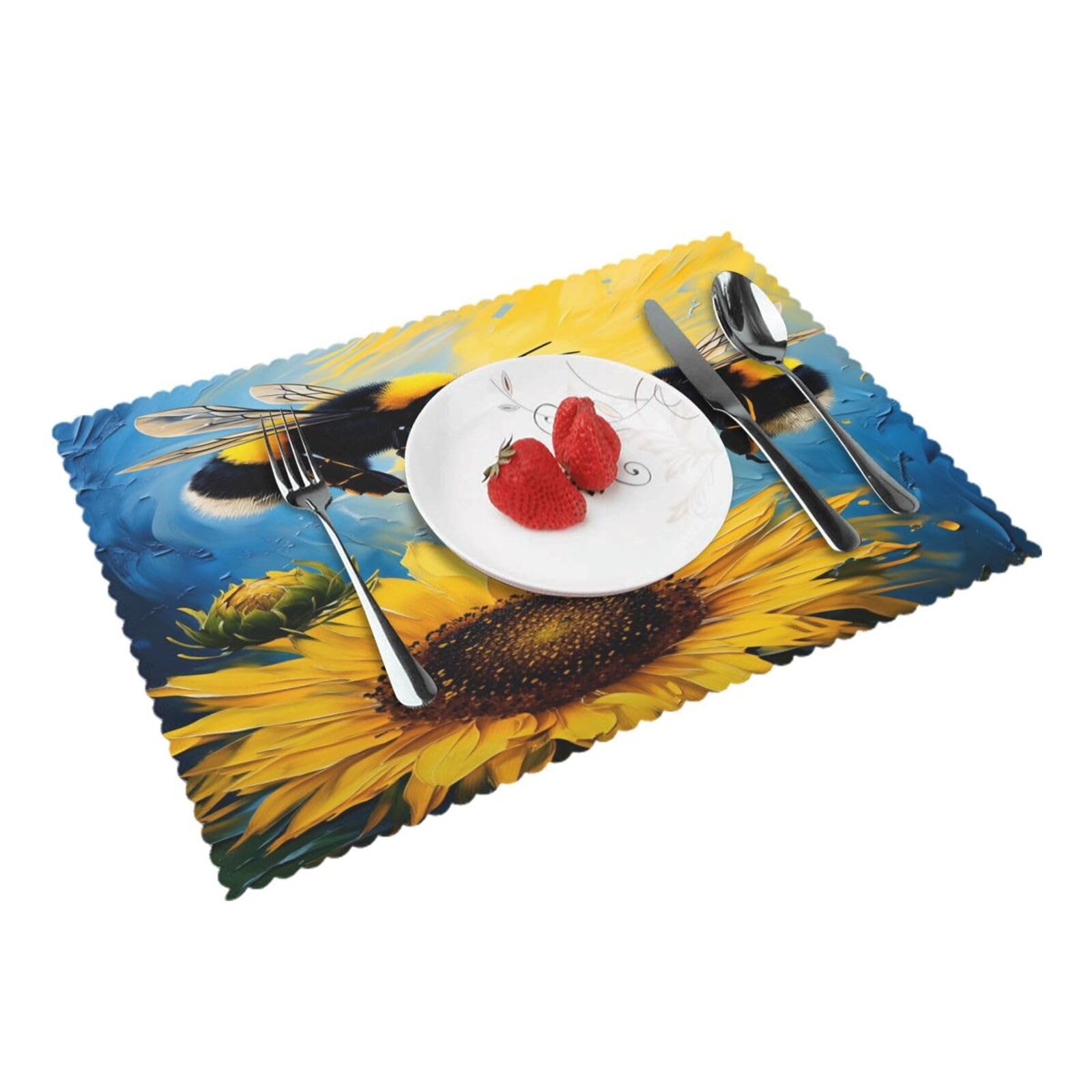 Sunflower Bee Artwork Pattern Placemats Set of 4 Print Table Mats Place Mats Table Decor for Kitchen Dining 12X18 in