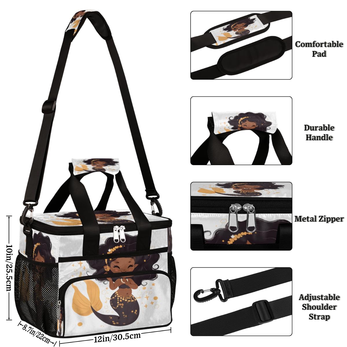 Marine Insulated Picnic Backpack Lunch Box for Women Men Picnic Basket Tote Lunch Bag Picnic Bag Portable Lunch Bags for Picnic, Beach, Work, Trip,Office, Camp Black Mermaid Women