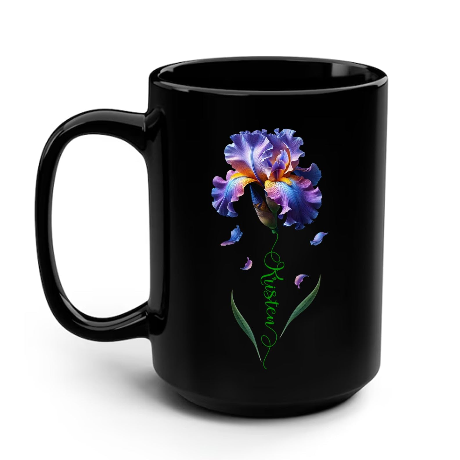 Personalized Iris Flower Coffee Cup Gift for Iris Lovers, Iris Ceramic Cups for Dad Mom Grandparents Birthday, Novelty Iris Flower Black Cup, Customized Purple Iris Mug 11oz 15oz, Iris Tea Cups