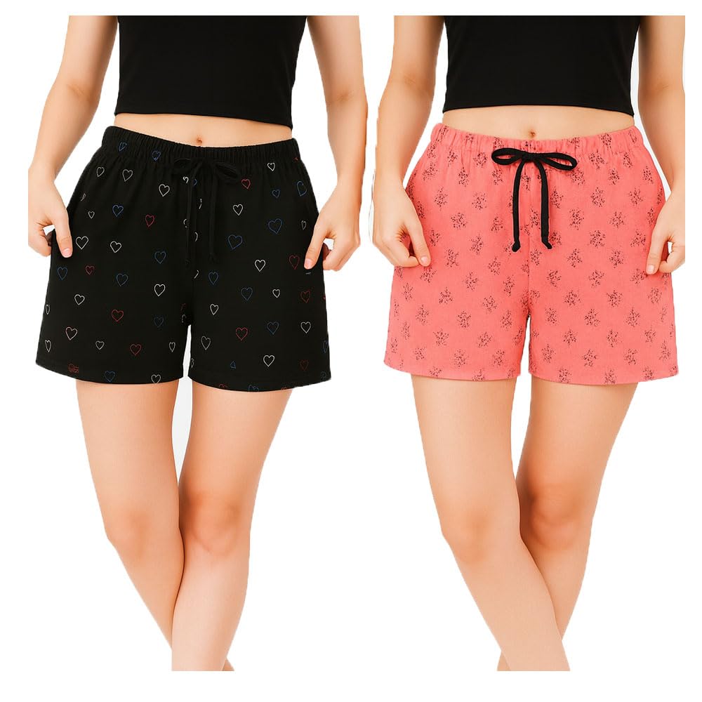 Women's Casual Solid Printed Shorts 2Pack Black, Pink for Girls-picture-41