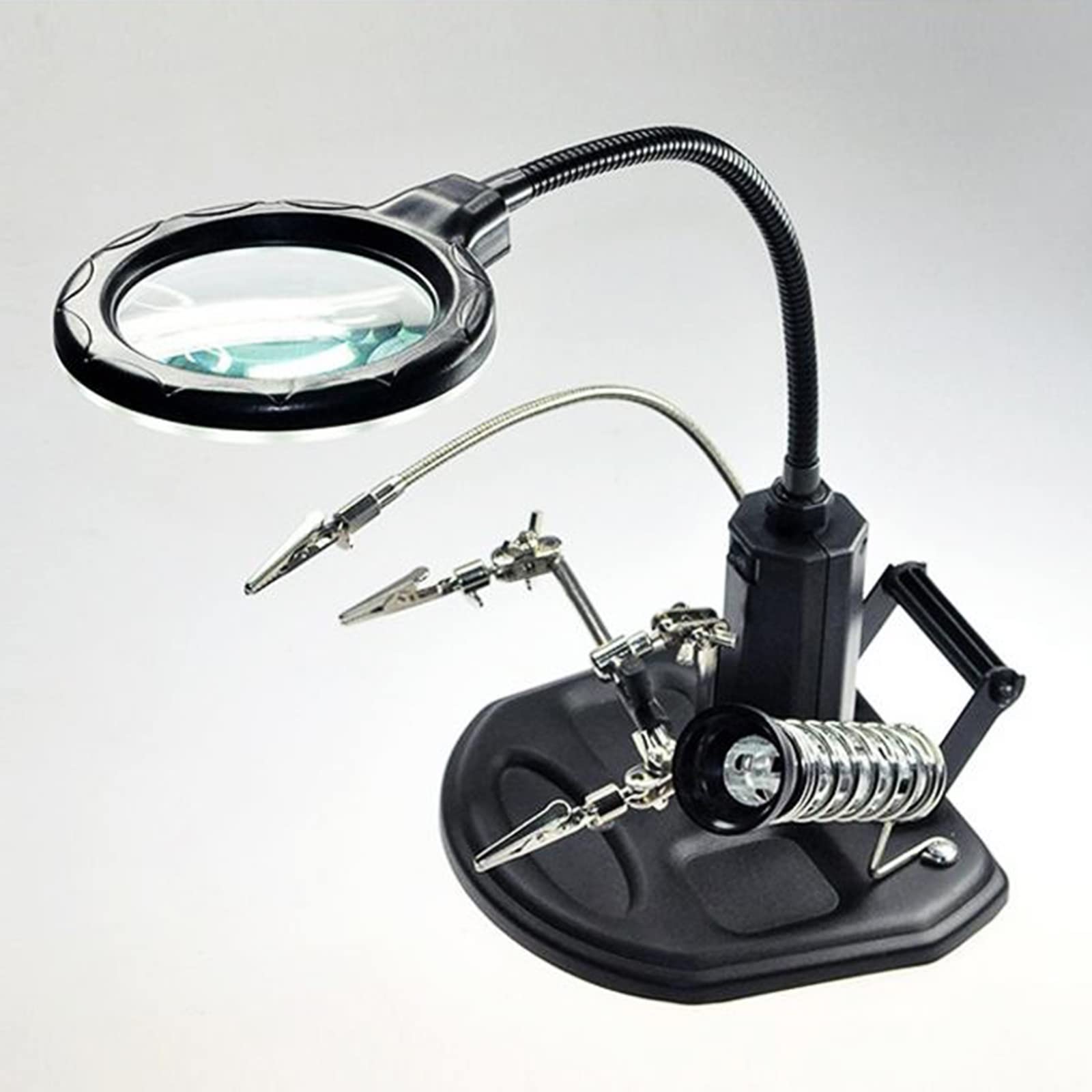 Lente di ingrandimento per saldatura, supporto elettrico in ferro, supporto di riparazione per circuiti stampati con morsetti a coccodrillo, lente d'ingrandimento a LED, clip ausiliaria, lente