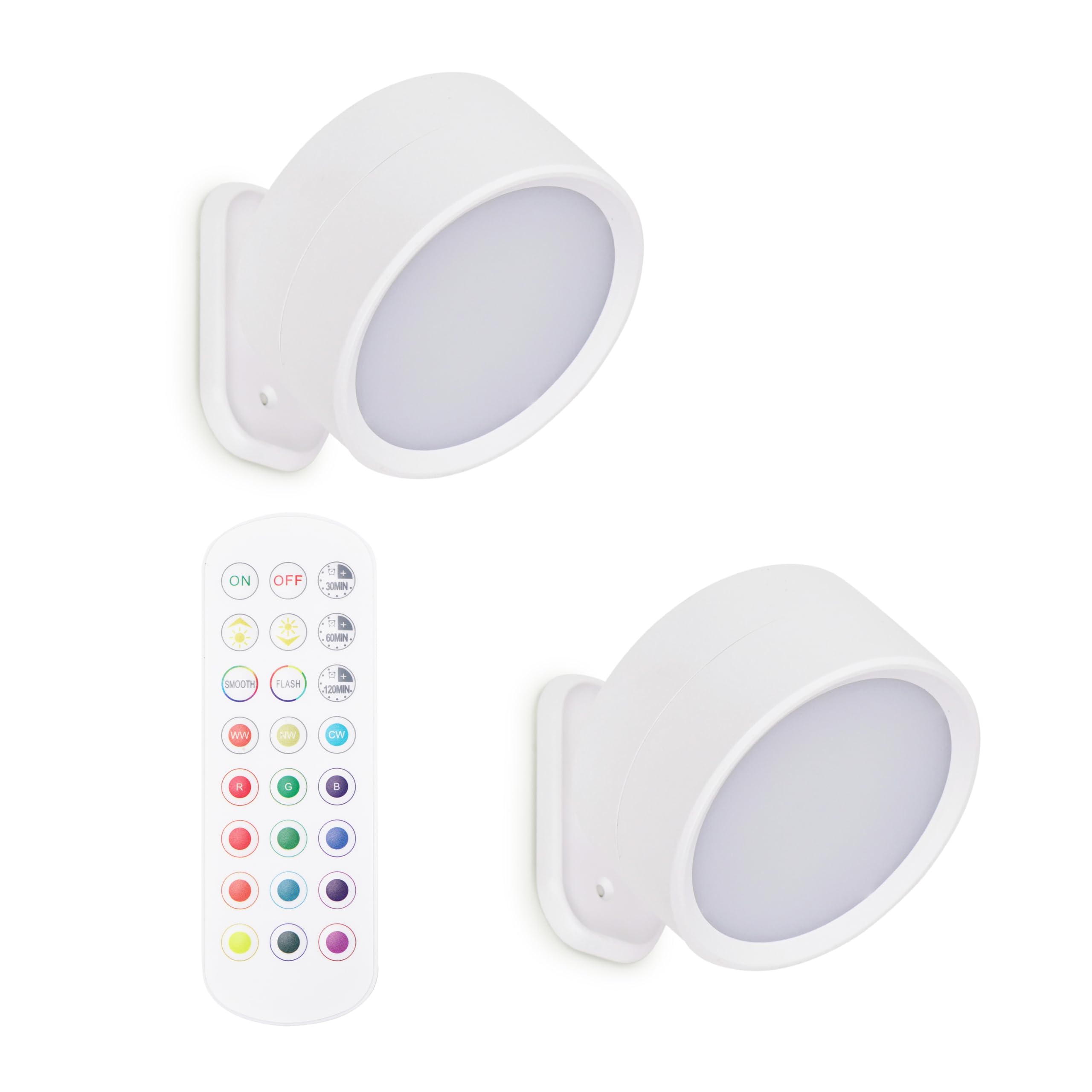 ValueLights | Pack of 2 Easy Fit Wall Light Rechargeable LED Spotlight, RGB Colour Changing, 360° Rotatable Touch Control Light - White | Wall Lights & Home Improvements Essential
