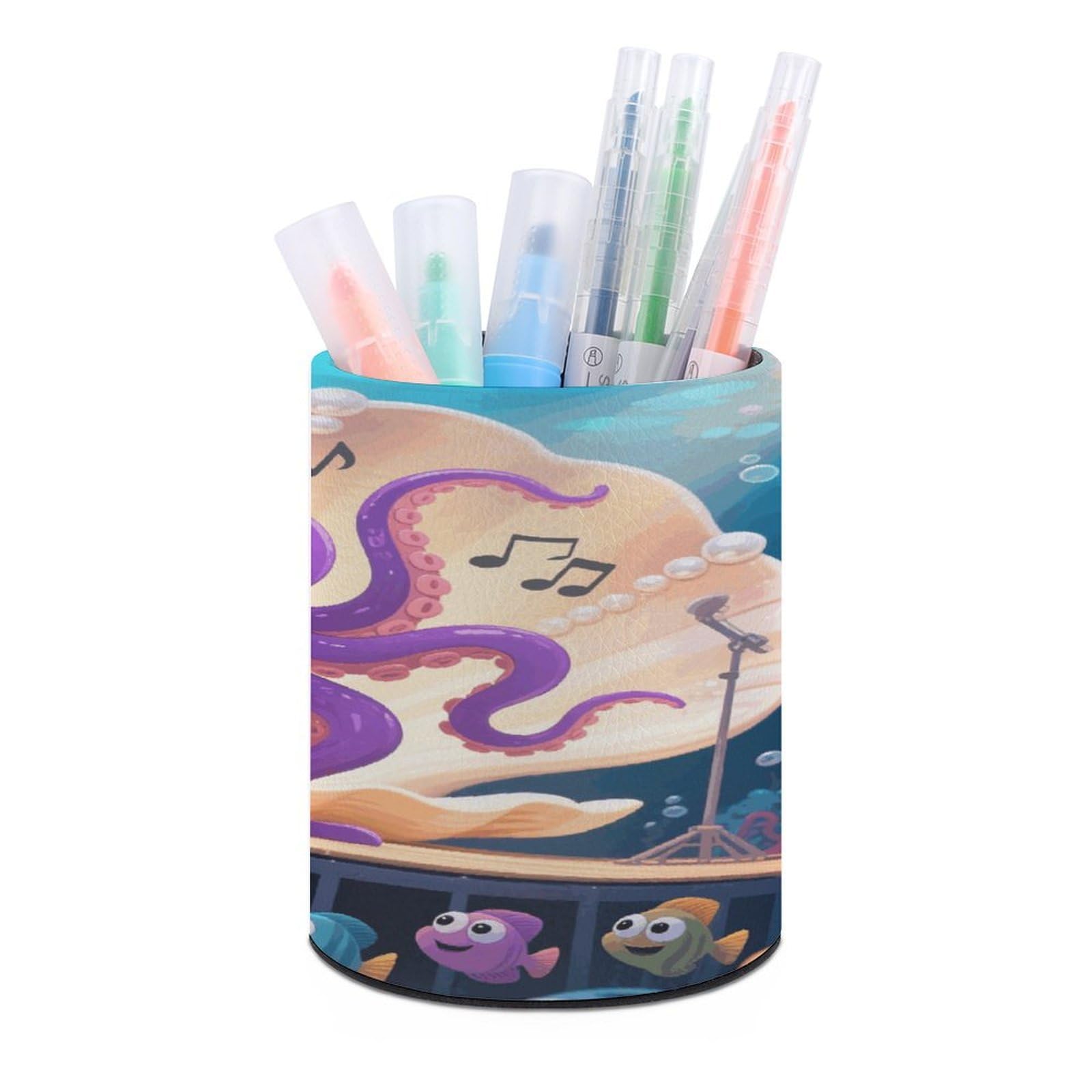 VstaDank Octopus Cartoon Pen Holder Round Pencil Holder for Desk Organizer PU Leather Pencil Cup Makeup Brush Holders Modern Pen Cup Large Pen Organizer for Office Home Ideal Gift
