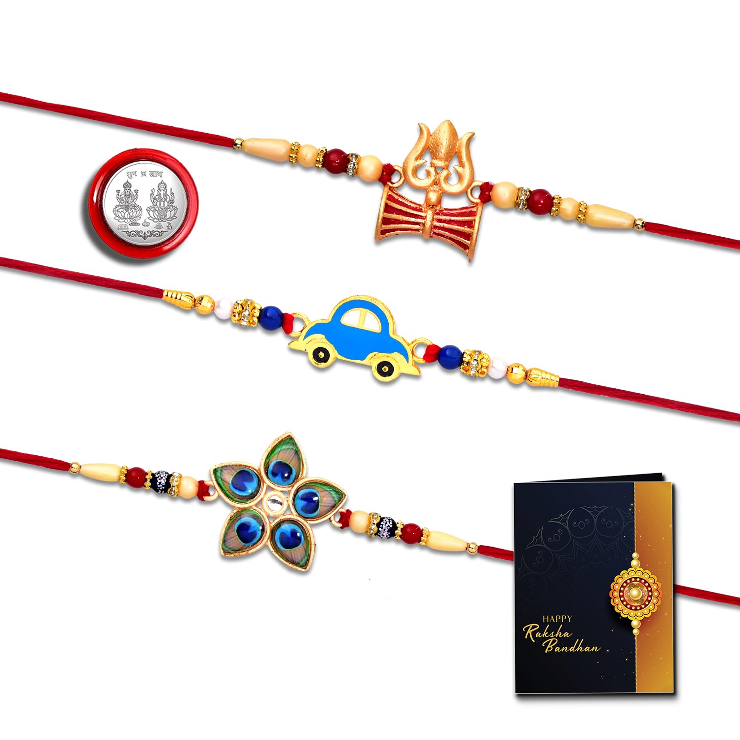 Elegant Rakhi Set With Ganesh & Little Krishna Designs 2 Designer Rakhis For Brothers Best Rakhi's Combo With magnets, Tilak Set, Greating Card & Silver Color Pooja Coin | Pack Of 7-image-42
